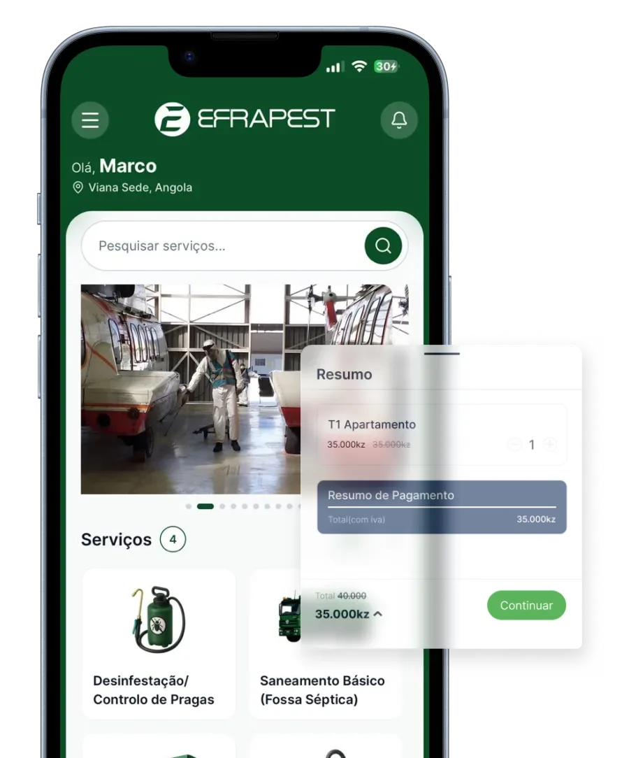 Aplicação EFRAPest num telemóvel, com resumo de pagamento